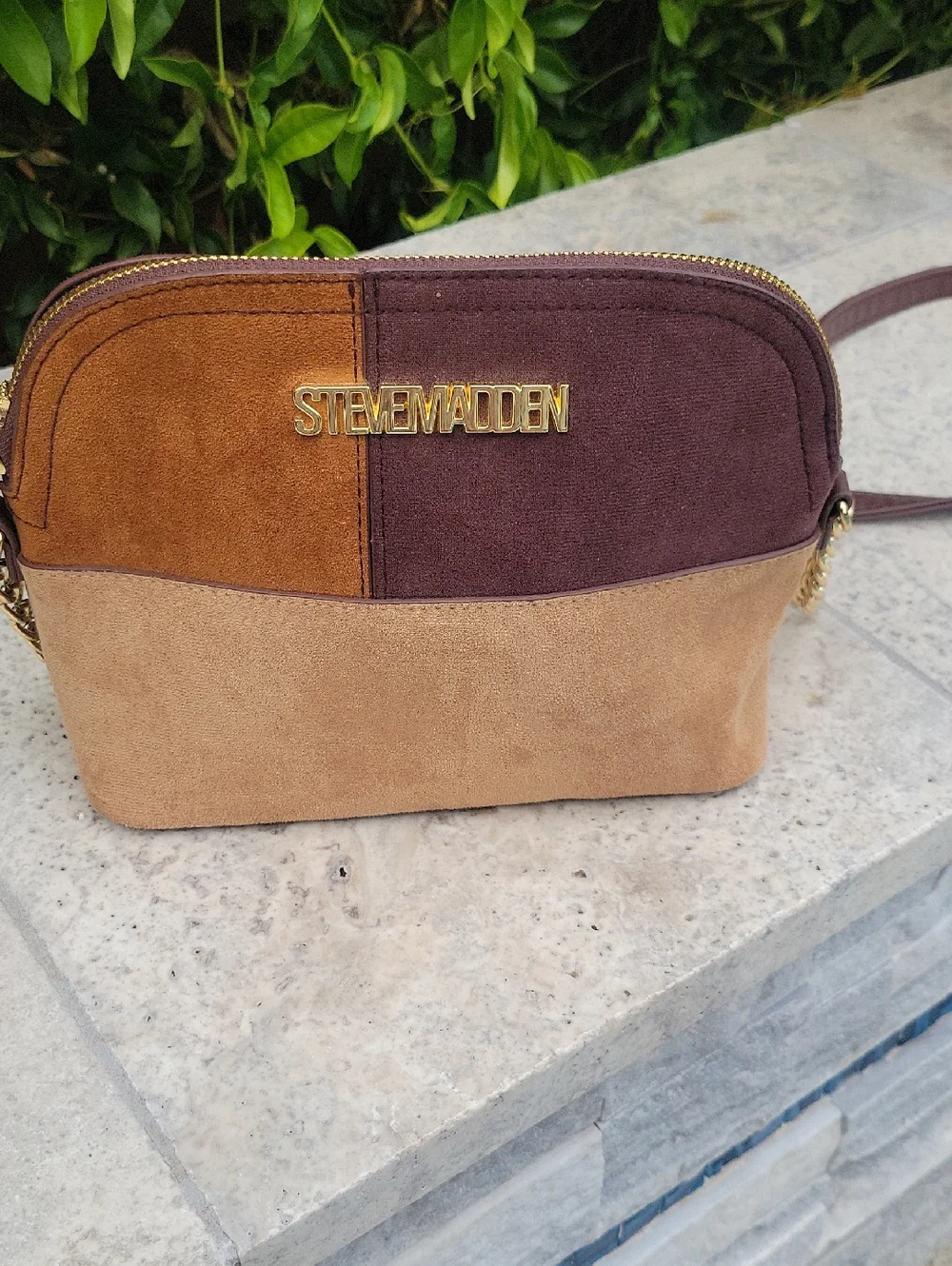 Brown and Tan Patchwork Crossbody Bag With Chain Detail Strap
